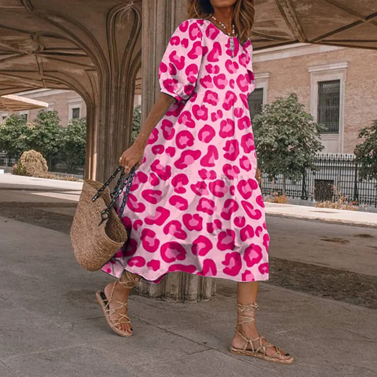 Pink Leopard Print Round Neck Short Sleeve Midi Dress