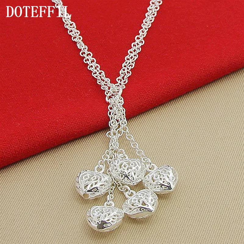 DOTEFFIL 925 Sterling Silver Multi-Chain Hollow Ball Five Heart Necklace Chain For Women Jewelry