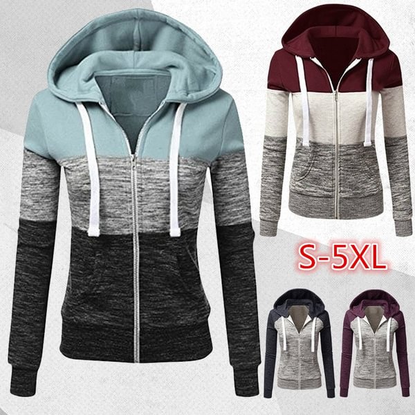 Women Spring/Autumn Casual Long Sleeve Sweatshirts Colorful Patchwork Thin Zip-Up Hoodie Jacket For Drawstring Hoodies S-5Xl - Shop Trendy Women's Fashion | TeeYours