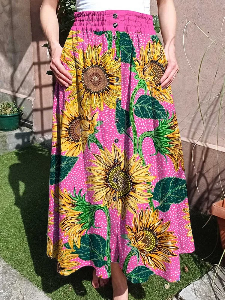 Women's Art Sunflower Floral Print Pattern Skirt with Pockets