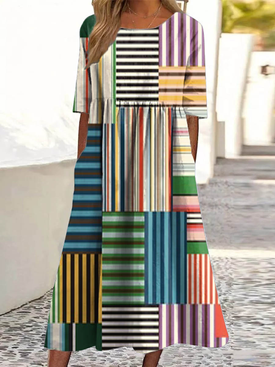 Women's Geometric Pattern Art Print Pocket Cotton Dress