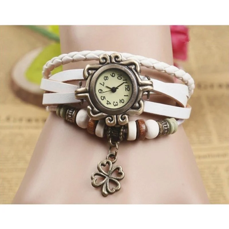 Women Fashion Vintage Four leaf clover Drop Leather Bracelet Watch Wrap Watch