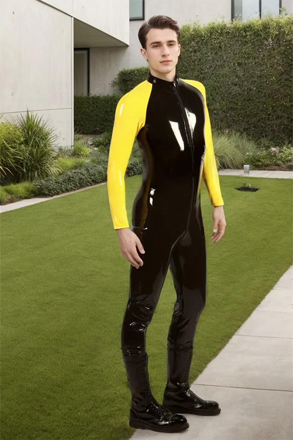 Men Latex Catsuits Raglan-Sleeved Front Zipper 