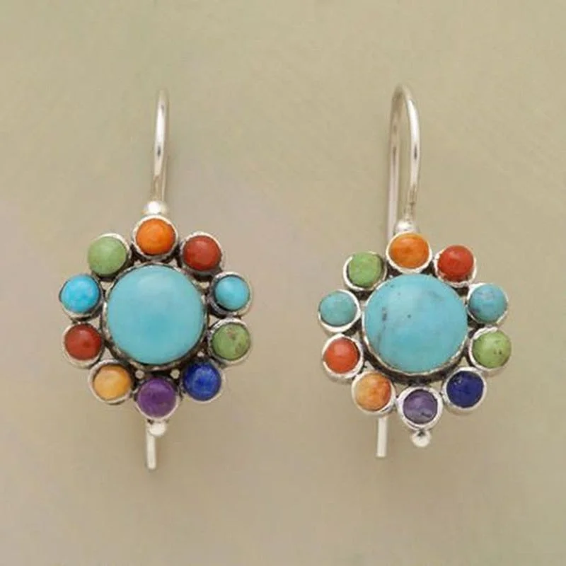 New Boho Vintage Silver Color Multicolor Stone  Round Earrings Ethnic Personality Drop Earrings for Women