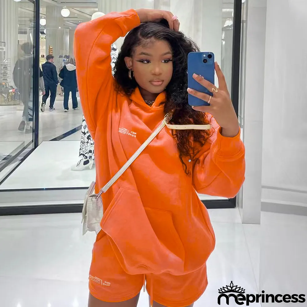 Women'S Fall Hoodies Shorts Set Fashion Sports Logo Long Sleeve Pullover Hooded Hoodies Two Piece Set