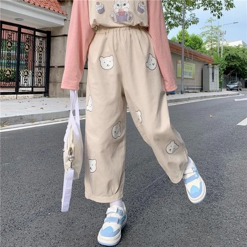 Vitality Girl Cute Bear Printing High Waist Casual Trousers SP15503