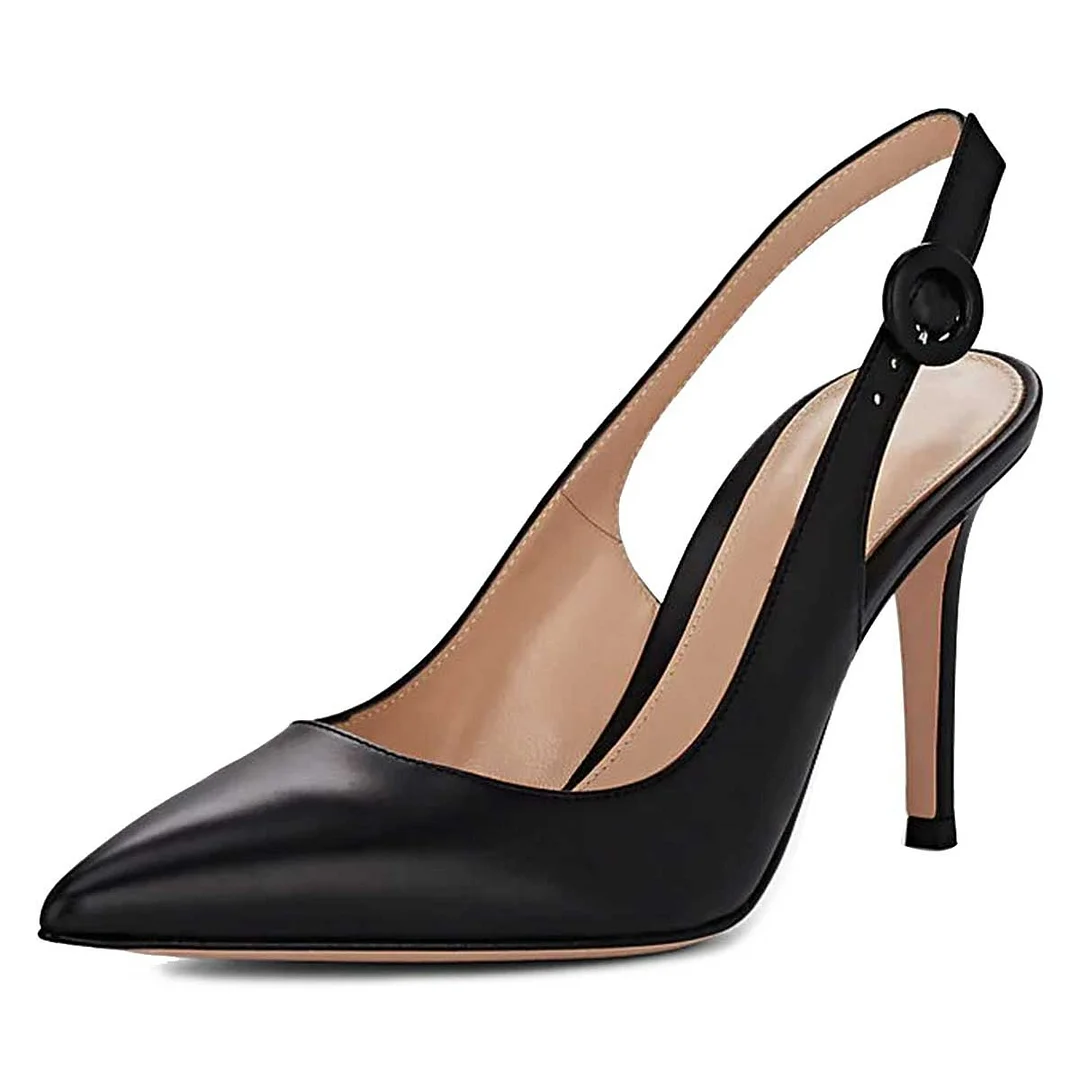 Faux Leather Pointed Toe Stiletto Heel Slingback Black Pumps