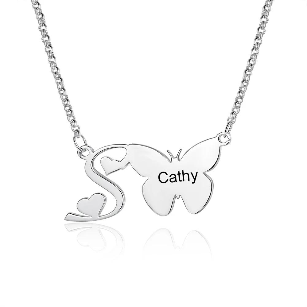 Custom Butterfly Name Necklace Letter Heart Necklace