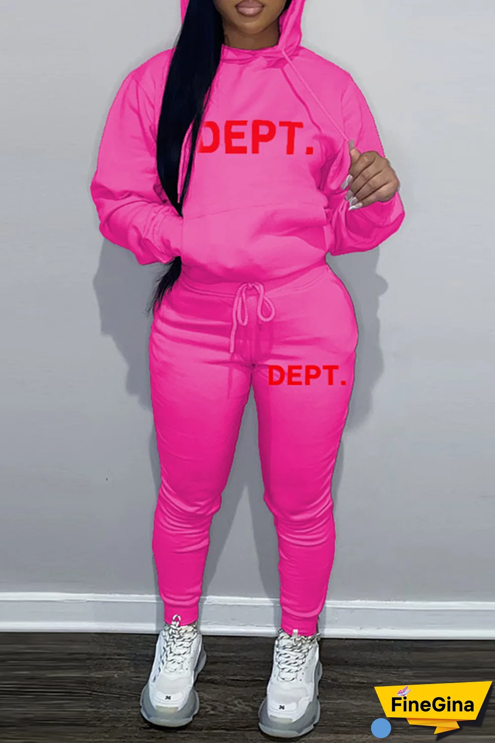 Brown Street Vintage Print Draw String Letter Hooded Collar Long Sleeve Two Pieces