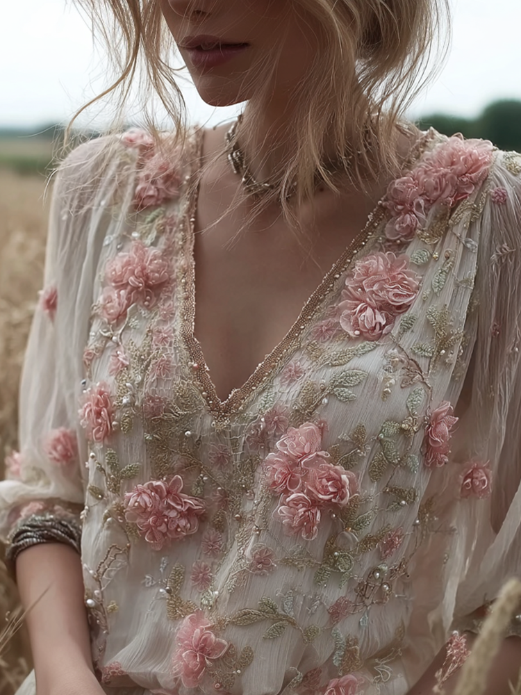 Bohemian Retro Style Plant Flower Design Women's Linen Short-sleeve Top Bohemian Retro Style Plant Flower Design Women's Linen Short-sleeve Top - Image 1