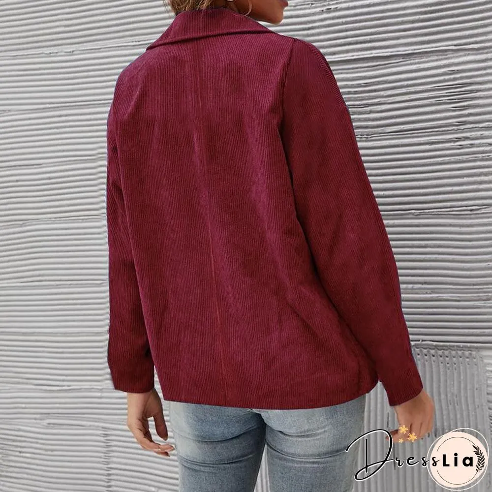 Women Notched Lapel Corduroy Coat