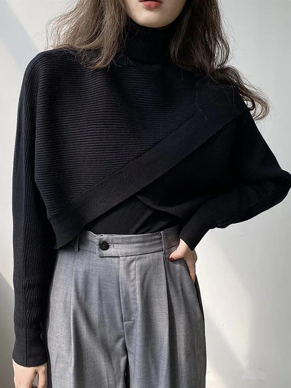 Stylish 4 Colors Knitting High-Neck Asymmetric Split-Front Sweater