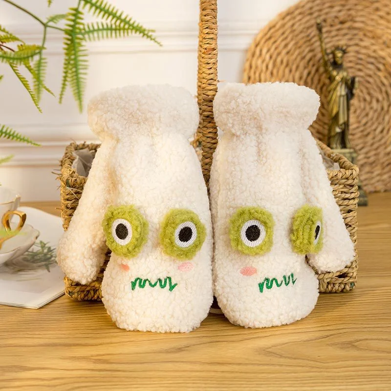 Autumn Winter Velvet Gloves Cute Frog Knit Twist Flowers Mittens Thickening Warm Full Finger Gloves Guantes