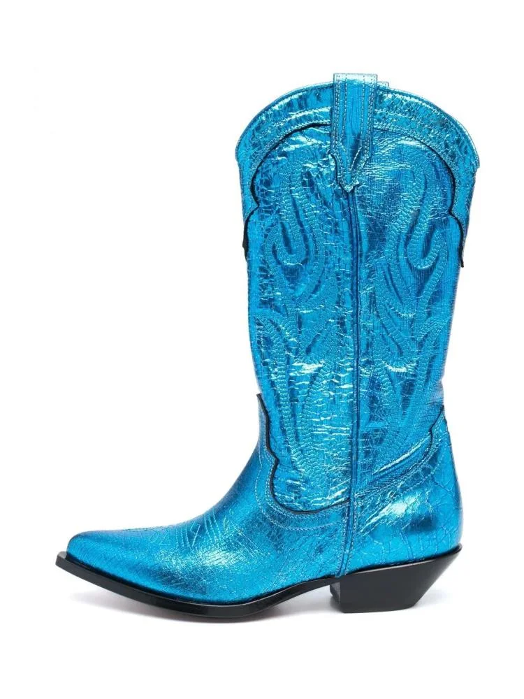 Metallic Blue Embossed Embroidered Wide Mid Calf Boots Western Cowgirl Heeled Boots