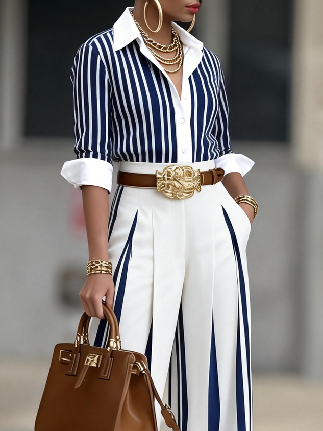 Urban Striped Blouse Shirt Collar Regular Fit Long Sleeve Commuting mysite idetrend