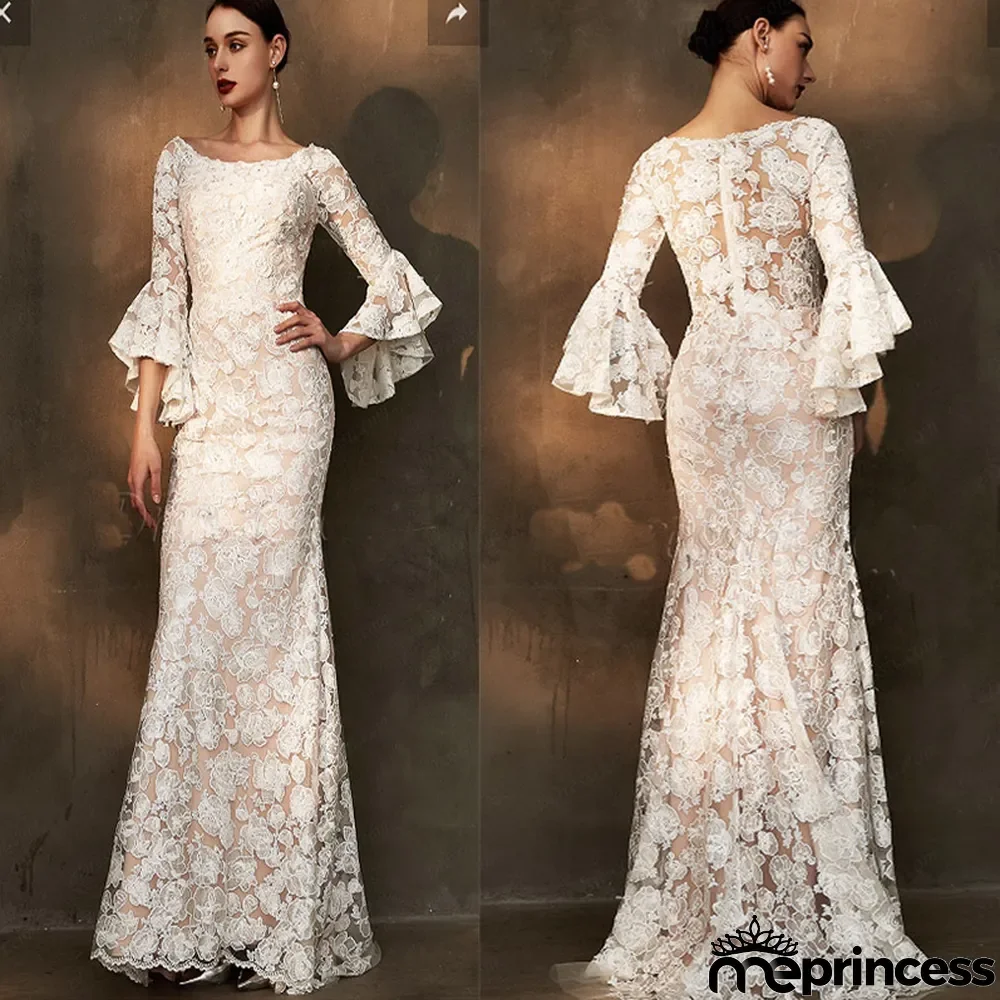 Summer Women's Wedding White Lace Round Neck Long Sleeve Evening Dress