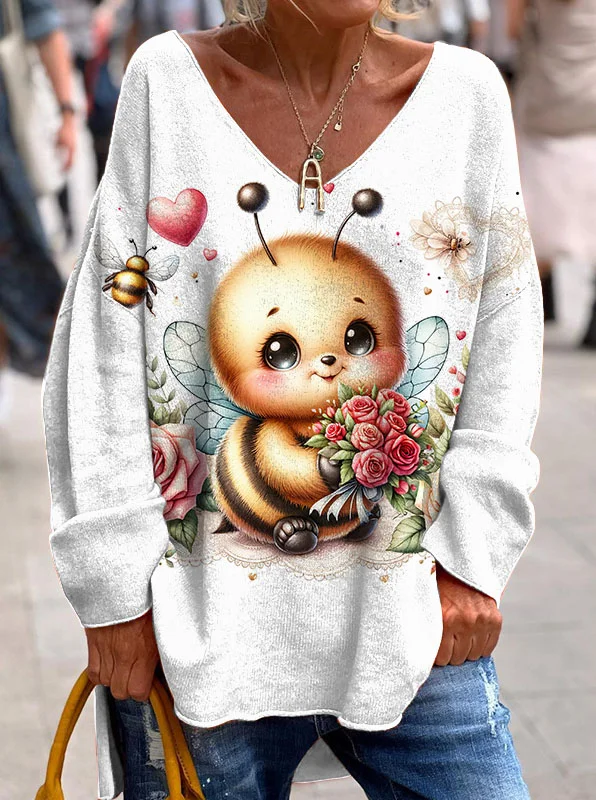 Valentine's Day Cute Bee Flower Love Long Sleeve Top