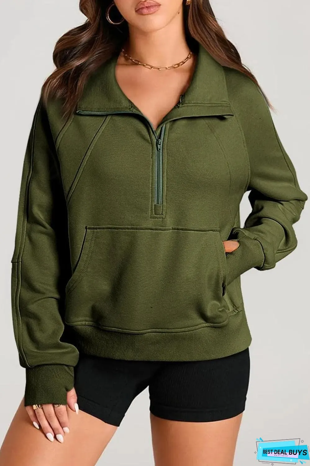 Moss Green Quarter Zip Stand Neck Kangaroo Pocket Sweatshirt