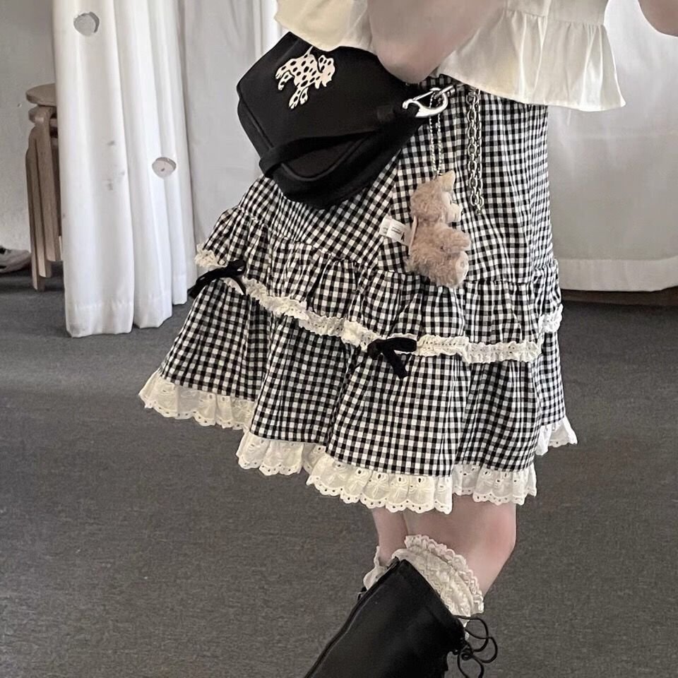 HOUZHOU Kawaii Plaid Skirt Women Ruffle Lace Patchwork Bow High Waist Lolita Skirt Harajuku Egirl Streetwear Japanese Soft Girl