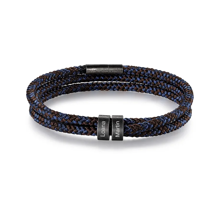 Pulsera de triple cuerda azul y marrón con 2 aros 2 nombres personalizados pulsera de hombre 
