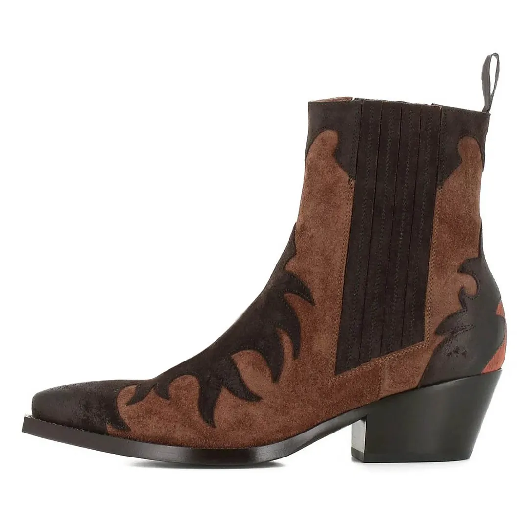 Two-Tone Brown Patchwork Mid Heel Snip Toe Cowboy Boots for Women