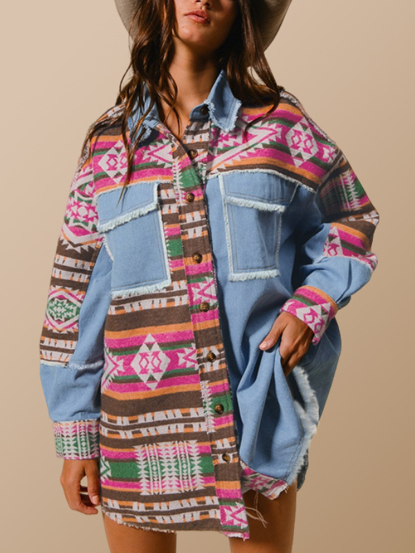Women's Aztec Tribal Denim Patchwork Jacket Aztec Retro Distressed Jacket Cowgirl Jacket