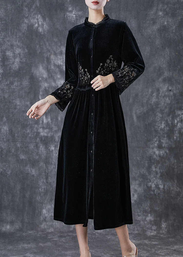 Bohemian Black Embroideried Ruffled Silk Velour Dress Spring