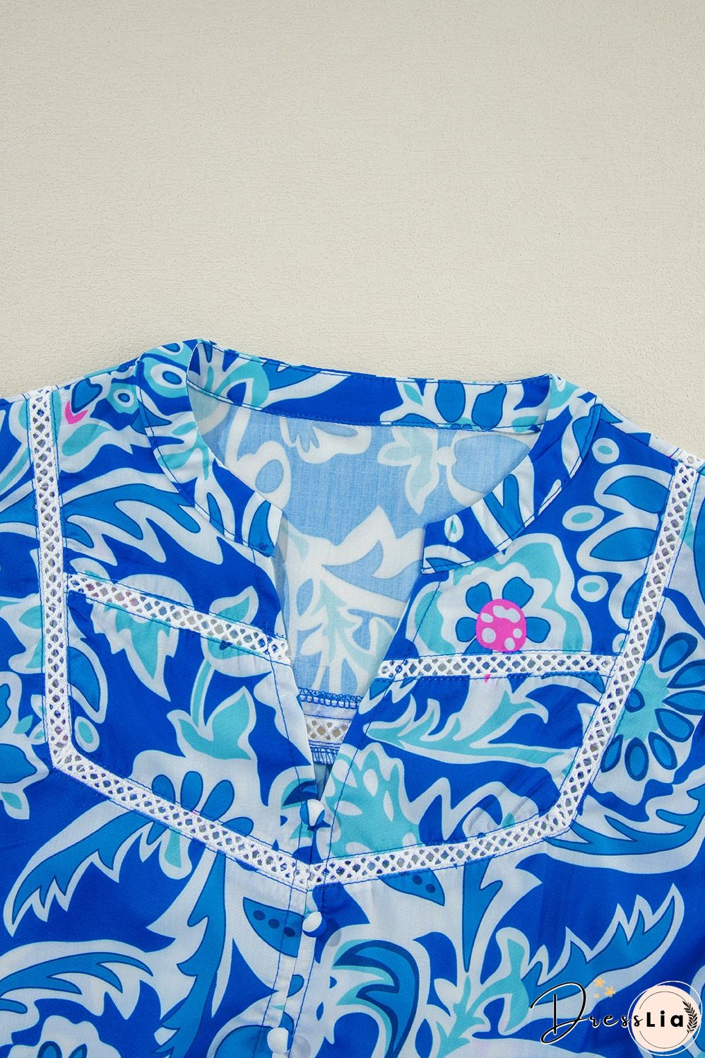 Blue Mix Floral Printed Lace Detail Bracelet Sleeve Blouse