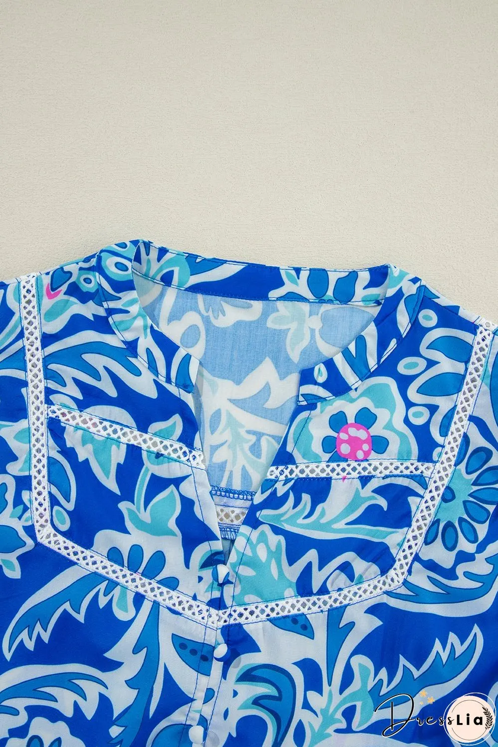 Blue Mix Floral Printed Lace Detail Bracelet Sleeve Blouse