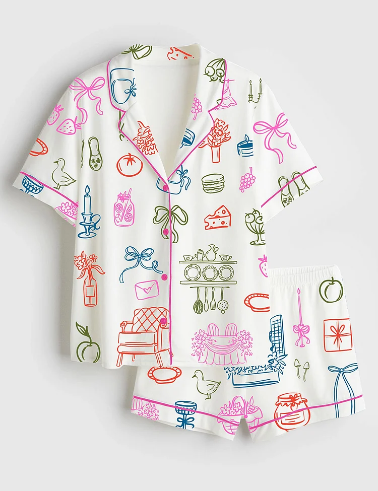 Women&rsquo;s Cottagecore Cozy Countryside Farmhouse Aesthetic And Whimsical Wedding Prints Short Sleeve Satin Pajama Set