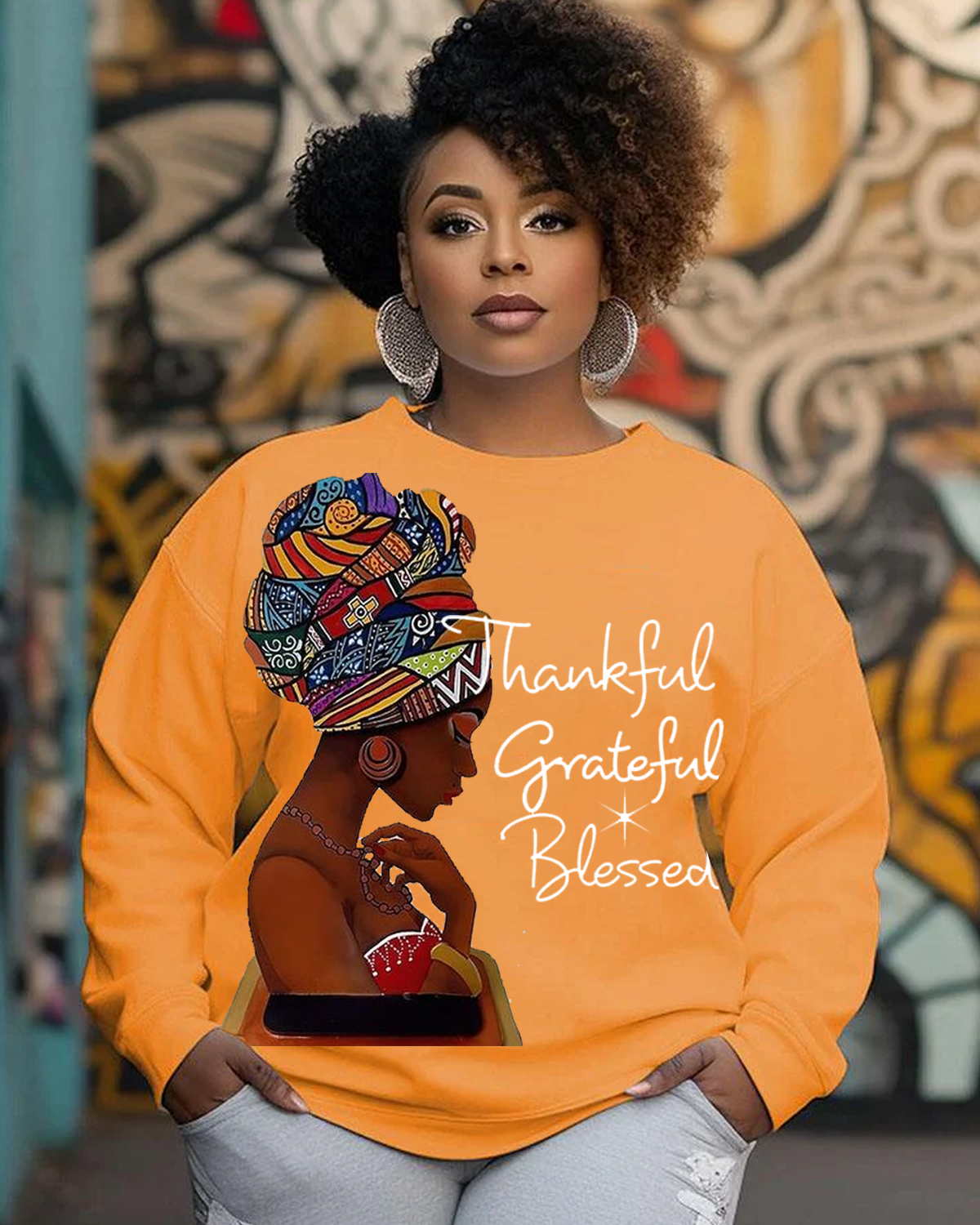 Women's Crewneck Black Girl Casual Give Thanks Printed Long Sleeve Sweatshirt