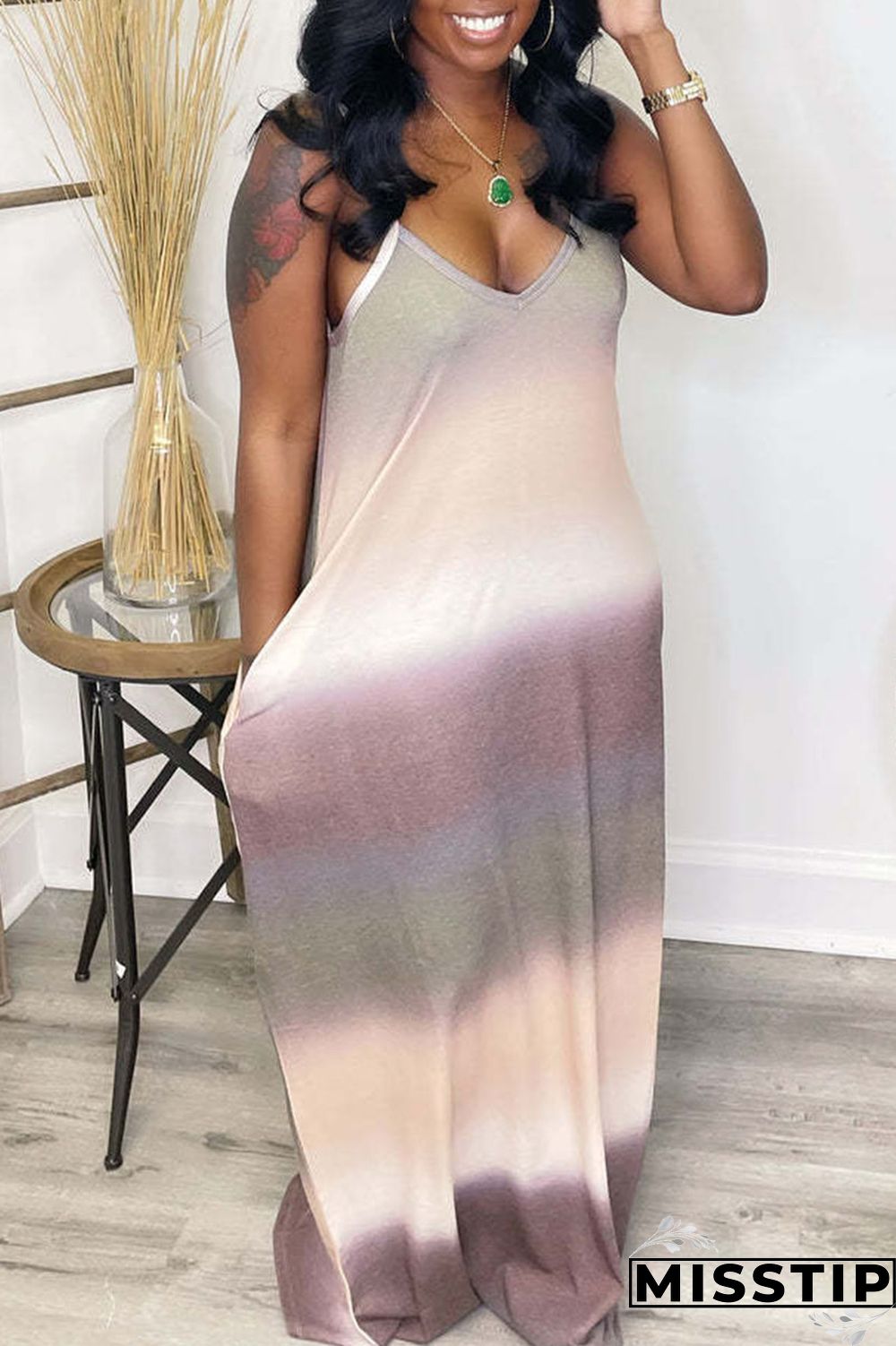 Orange Casual Gradual Change Striped Print Patchwork Spaghetti Strap Sling Dress Dresses