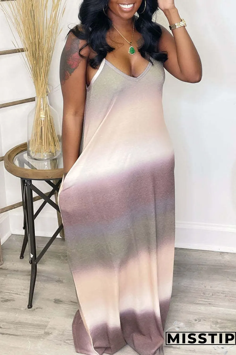 Orange Casual Gradual Change Striped Print Patchwork Spaghetti Strap Sling Dress Dresses