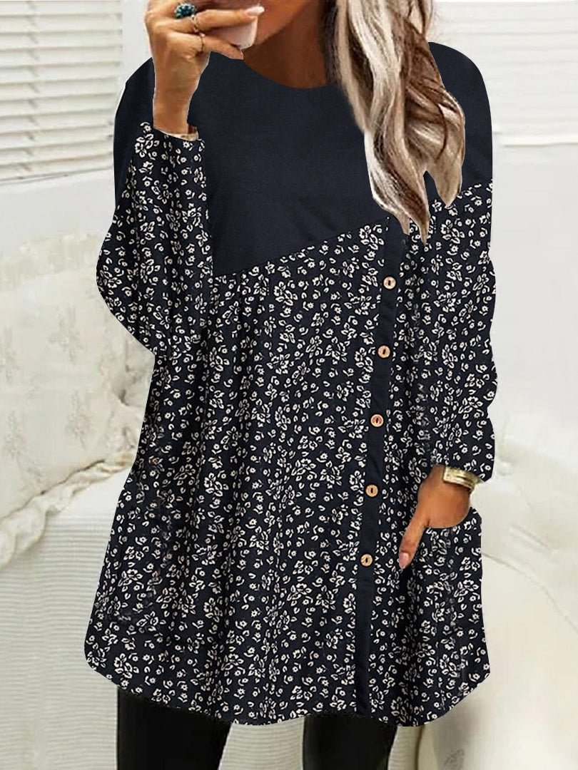 Women Long Sleeve Scoop Neck Floral Printed Button Pockets Fleece Lined Tops