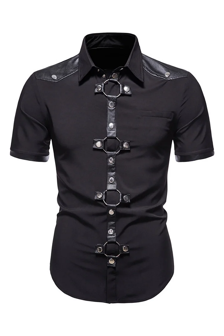 Punk PU Leather Stitching Knit Buckle Short Sleeve Solid Color Shirt