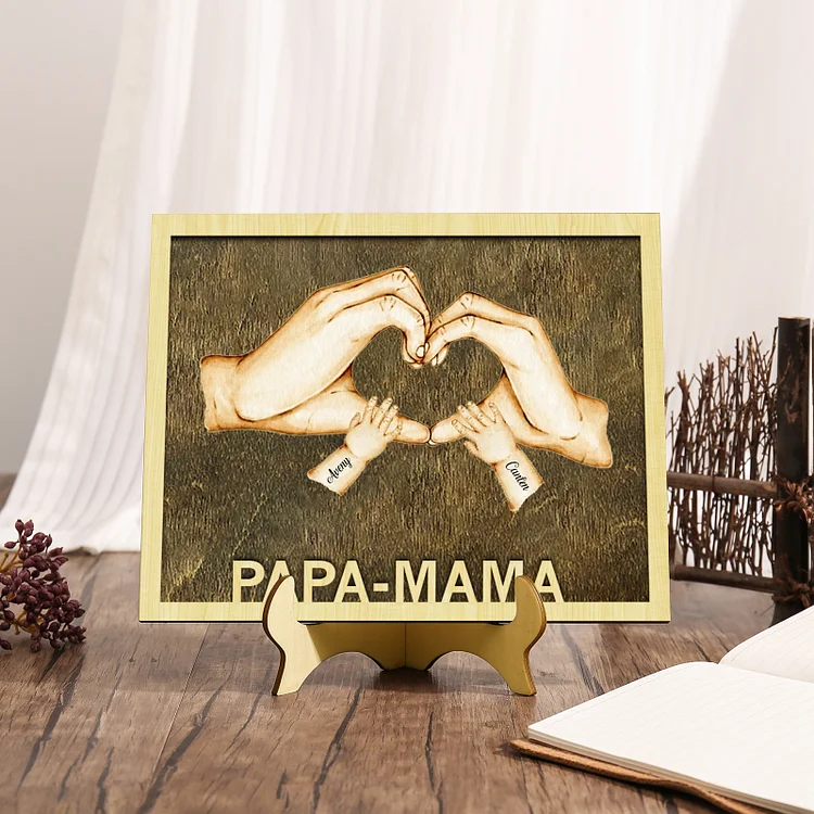 Kettenmachen PAPA-MAMA Holz Deko-Personalisierbare 2 Namen Ornament Familie Hand in Hand Holzdekoration für Eltern