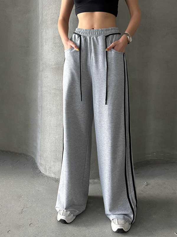 Loose Casual Drawstring Side Line Trim Straight Pants