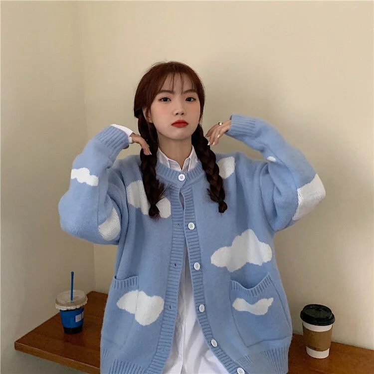 Cardigan Women O-neck Kawaii Students Vintage Streetwear Retro Sweet Fashion All-match Loose Casual Classic Outwear Aesthetic