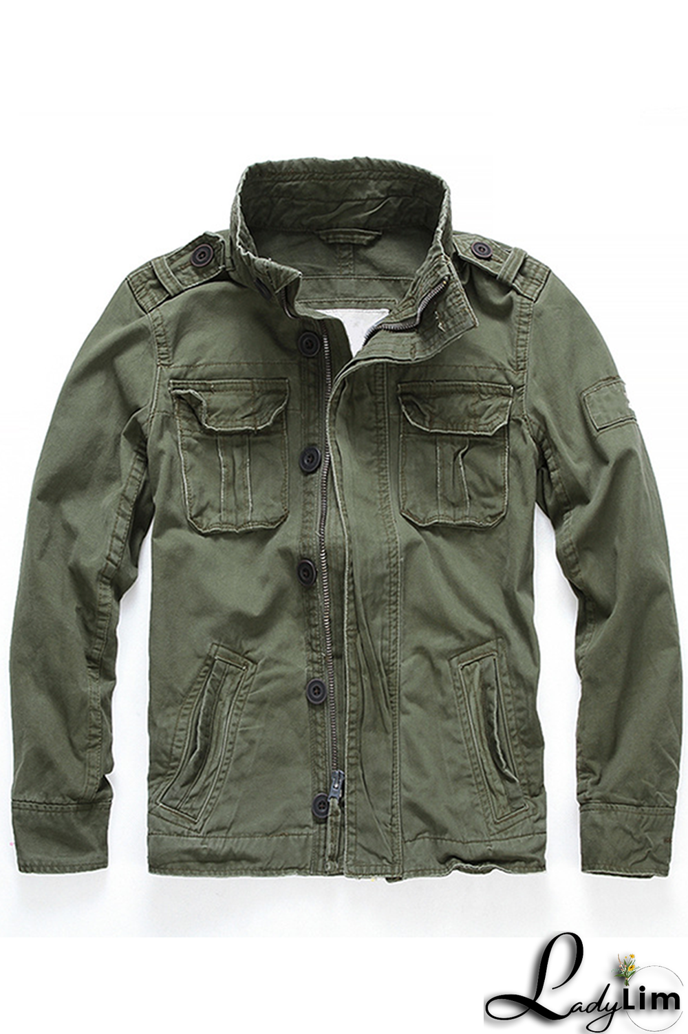 Green Fashion Casual Solid Camouflage Print Buckle Zipper Mandarin Collar Outerwear