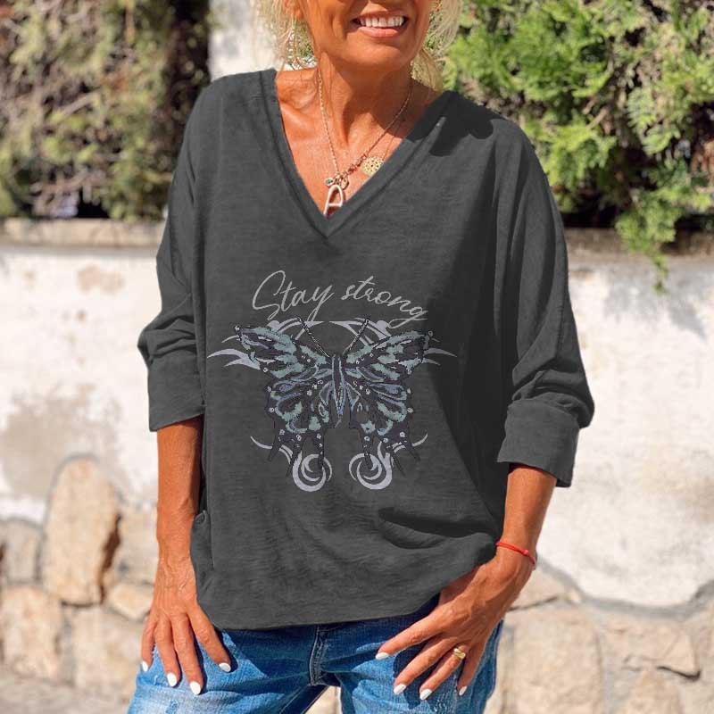 Butterfly Letter Printed V-neck Long-Sleeved T-shirt
