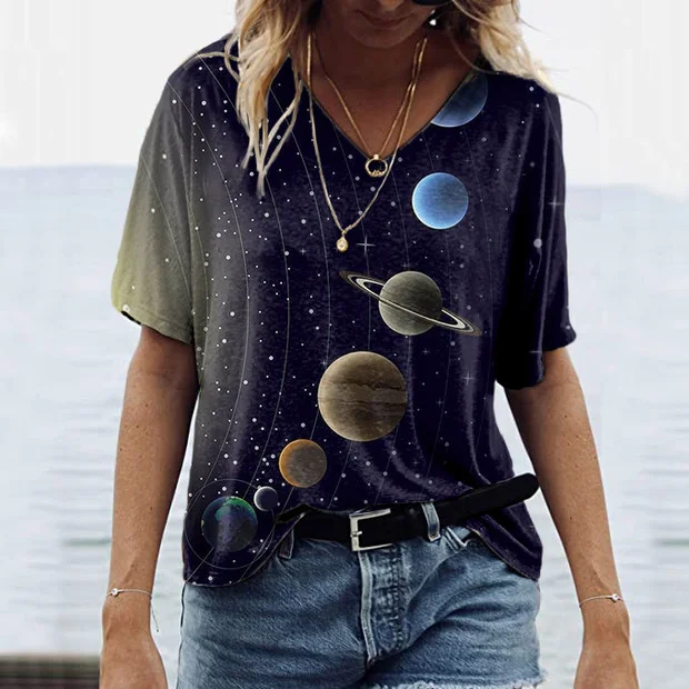 Starry Sky Gradient Print V-Neck Casual T-Shirt
