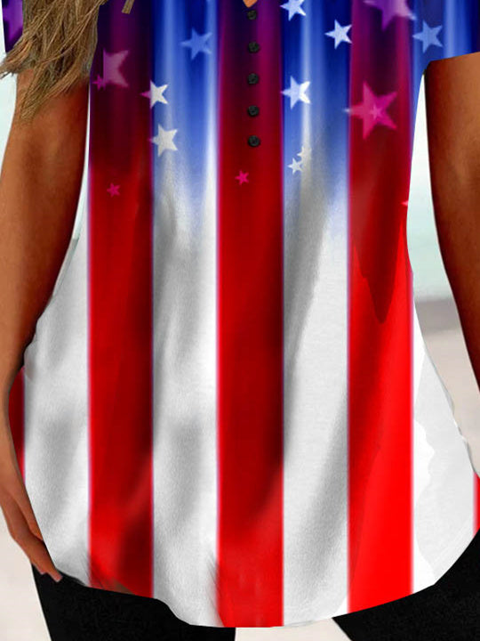 Women Short Sleeve V-neck Striped Printed Colorblock Button Tops