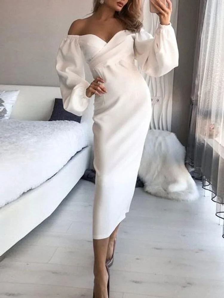 Promsstyle Sexy off-shoulder slim mid-length white evening dress Prom Dress 2023