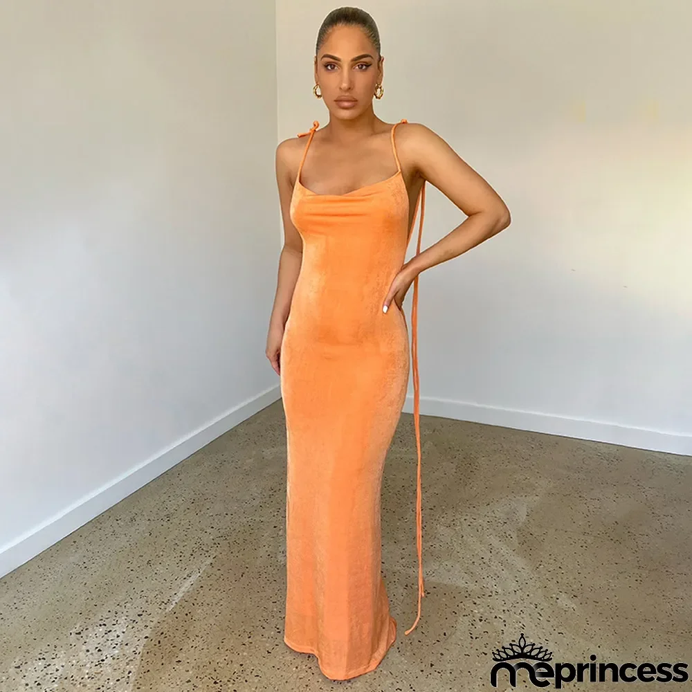 Sexy Slim Long Dress Lace up Low Back Bodycon Long Dress Women