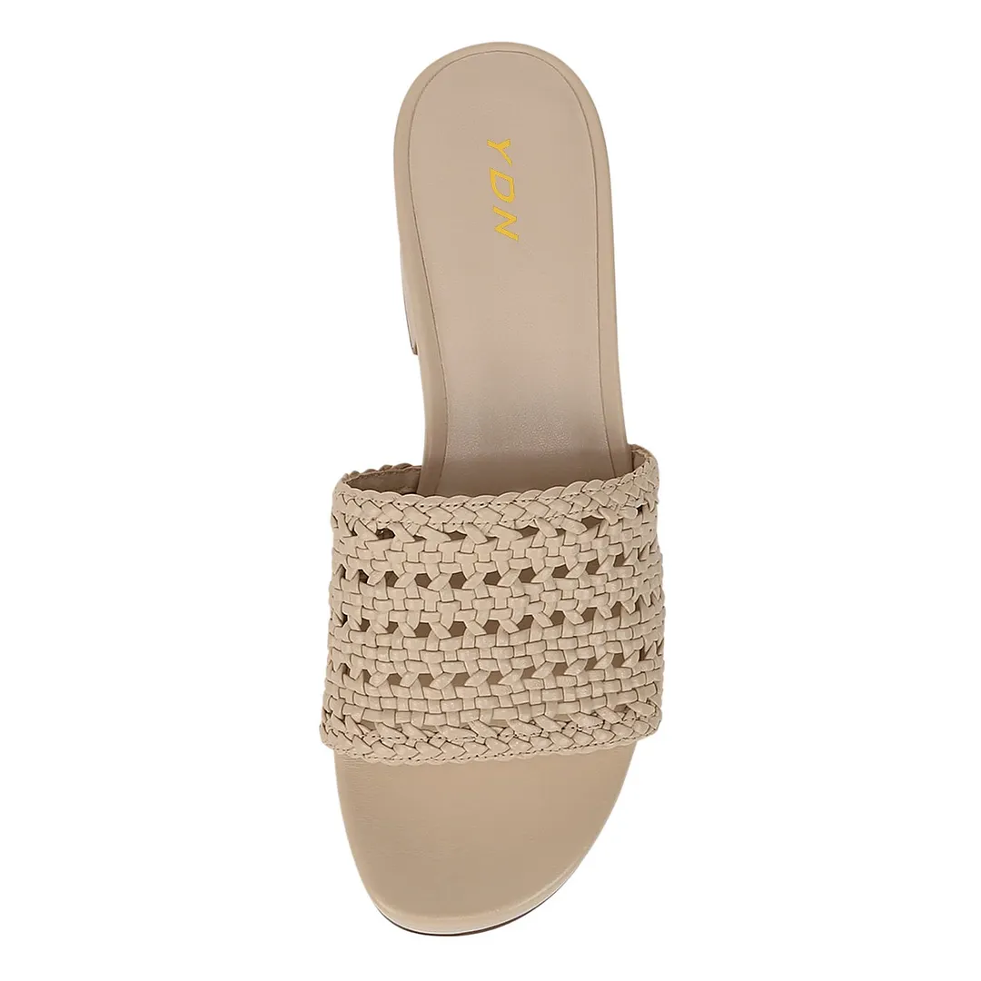 Chic Beige Open Round Toe Woven Detail Platform Mules Sandals