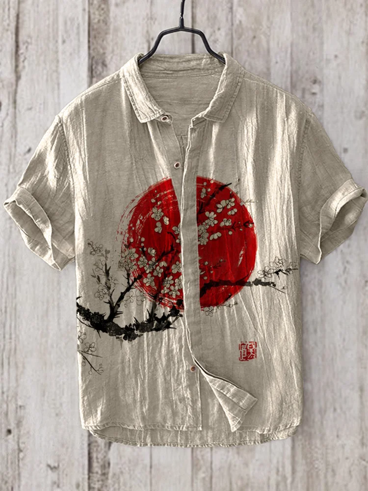 Plum Blossom Sunrise Japanese Art Linen Blend Shirt