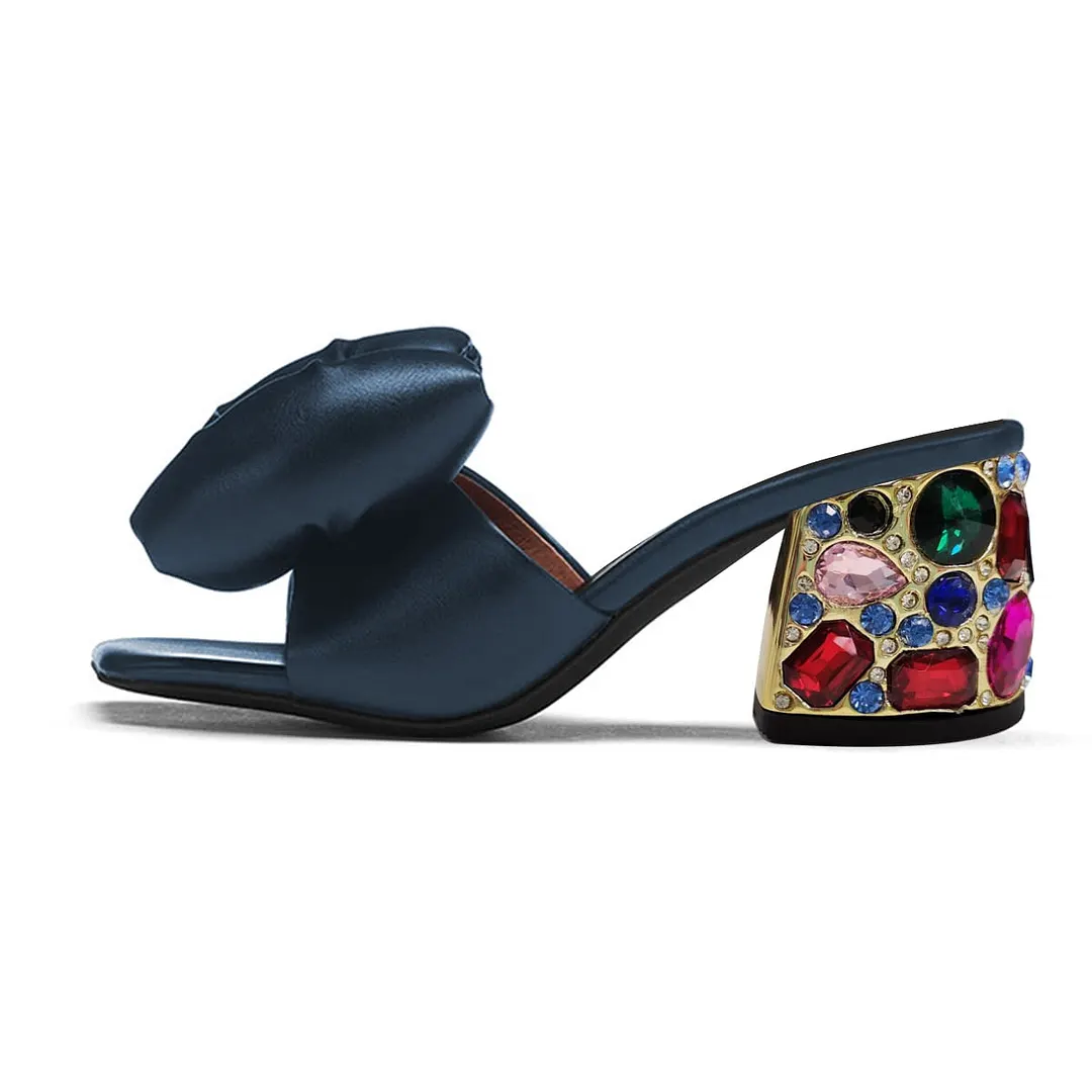 Navy Decorative Heel Wide Band Rhinestone Bow Women's Mules Shoes