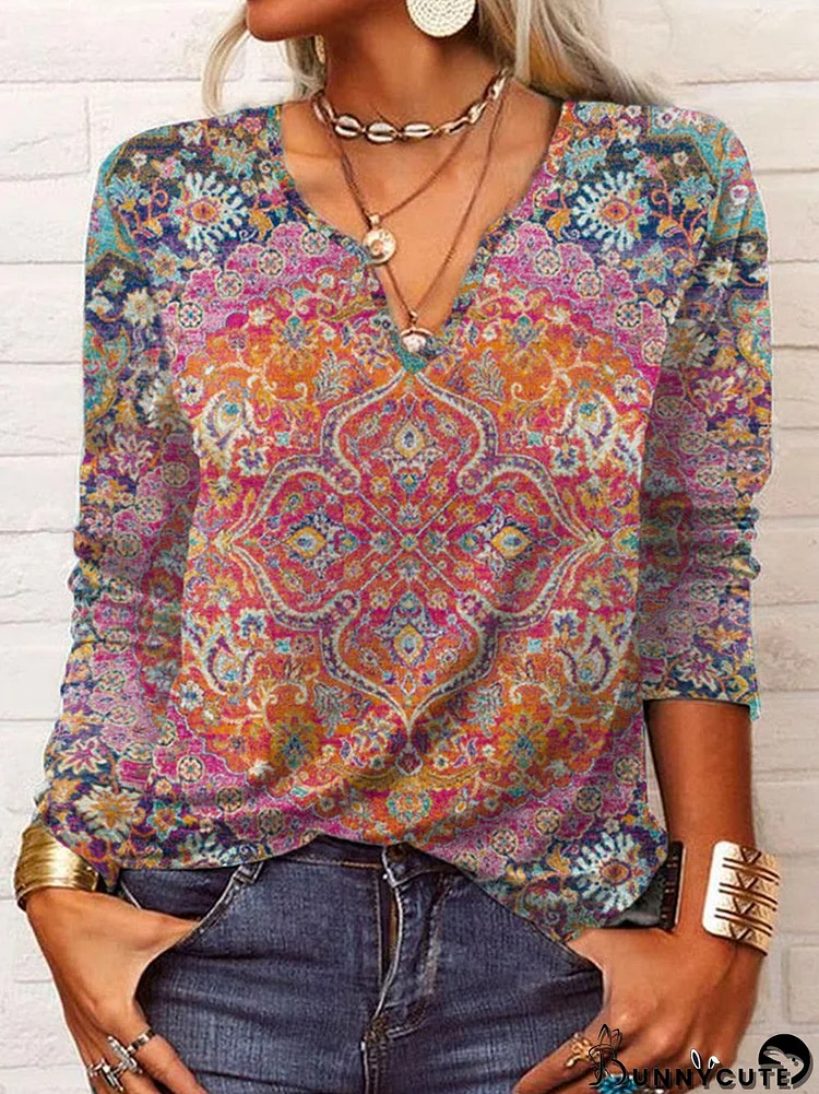 Women's Casual V-Neck Long Sleeve Geometric Graphic Printed Tops