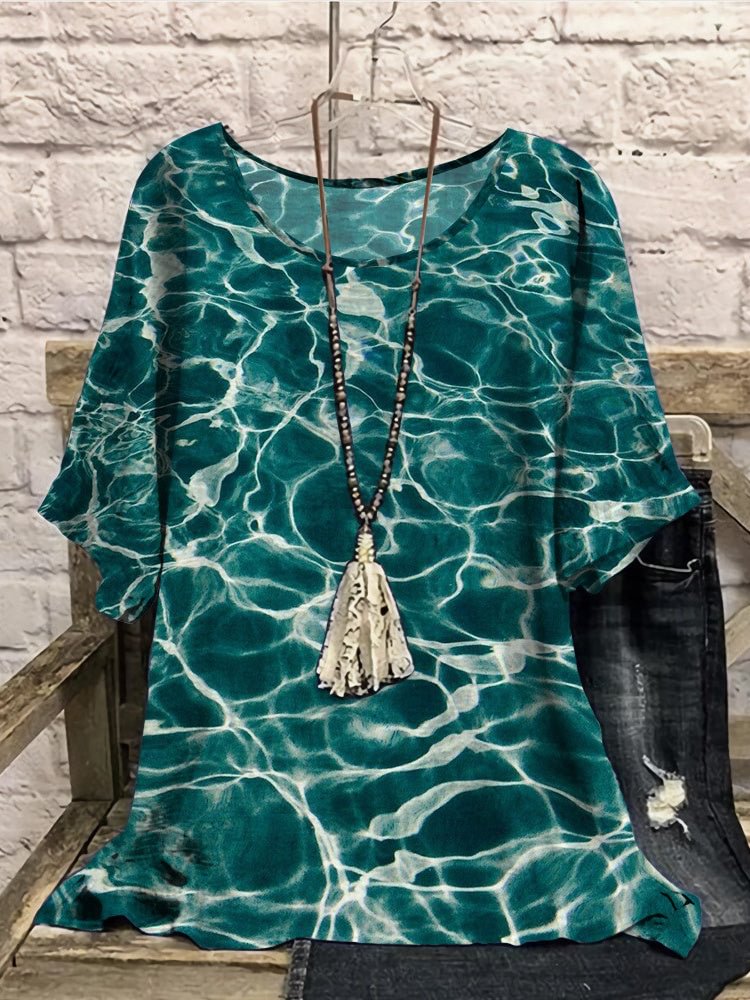 Women Half Sleeve Scoop Neck Floral Printed Colorblock Green Women Tops