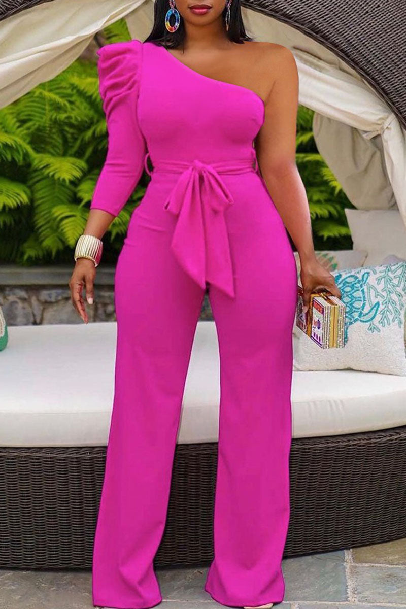 Casual Solid Bandage Asymmetrical Collar Straight Jumpsuits